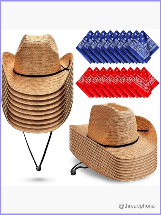 18 Straw Cowboy Hats and Bandanas Set - Western Party Costume Accessories main image 6